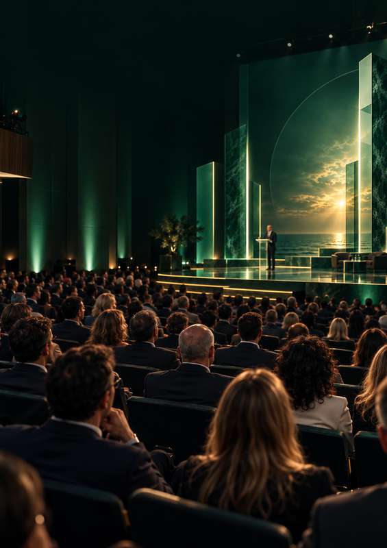 Visualização conceptual de um auditório com um palco Summit em tons verdes